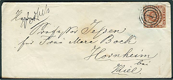 4 sk. 1858 udg. på dampskibsbrev med håndskrevet bynavn Vedbek annulleret med nr.stempel “1” og på bagsiden sidestemplet Kiøbenhavn K.B. d. 8.6.1862 via Kiel d. 9.6.1862 til Hornheim. 