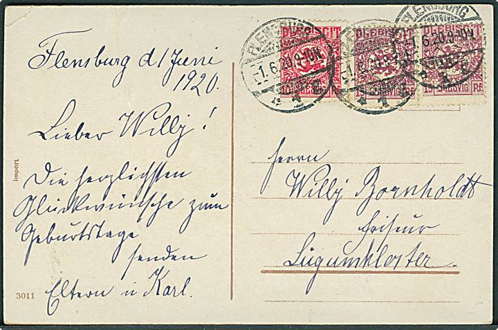 15 pfg. Fælles udg. (2) med perfin “FRIES” og 10 pfg. Fælles udg. på 40 pfg. frankeret brevkort fra Flensburg d. 1.6.1920 til Lügumkloster. Meget sjælden Slesvig perfin.
