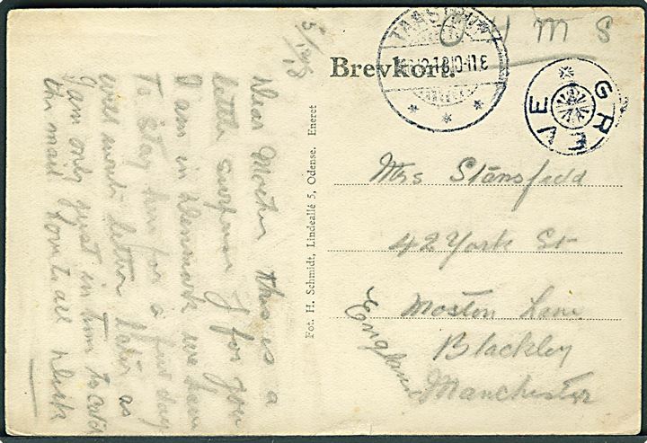 Ufrankeret OHMS brevkort med stjernestempel GREVE og sidestemplet Taastrup d. 6.12.1918 til Manchester, England. Fra frigivet britisk transit-fange i Grevelejren på vej hjem via Danmark fra tysk fangenskab.
