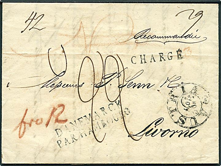 1841. Anbefalet brev med antiqua Kjøbenhavn d. 25.9. 1841 via Hamburg d. 28.9.1841 til Livorno, Italien. Sort Danemarck par Hambourg og flere påtegninger.