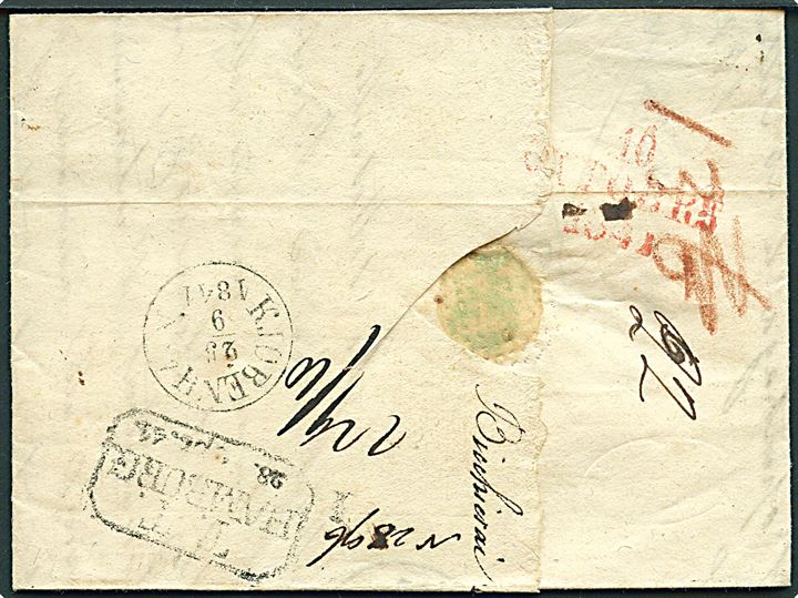 1841. Anbefalet brev med antiqua Kjøbenhavn d. 25.9. 1841 via Hamburg d. 28.9.1841 til Livorno, Italien. Sort Danemarck par Hambourg og flere påtegninger.