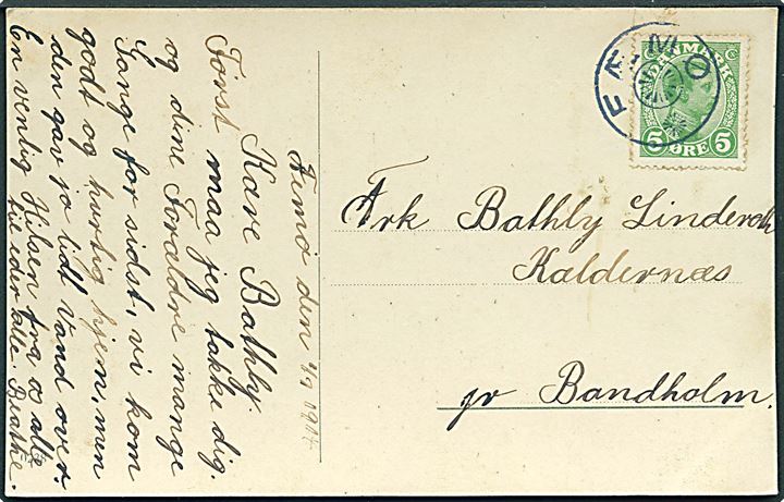 5 øre Chr. X på brevkort dateret d. 1.7.1914 annulleret med stjernestempel FÆMØ til Keldernæs pr. Bandholm. Lille rift. Skilling 800,-
