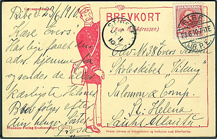 10 øre Fr. VIII på brevkort stemplet Ribe JB.P.E. d. 23.6. 1910 til skoleskibet “Viking”, St. Helena i Sydatlanten. Ank.stemplet St. Helena d. 11.7.1910. Flot destination. 