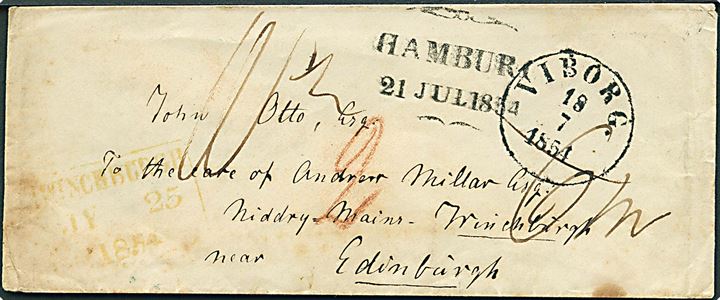 1854. Portobrev m. antiqua Viborg d. 18.7.1854 via K.D.O.P.A. Hamburg og Edinburgh til Winchburgh, Scotland.  Mange påtegninger. Interessant brev.