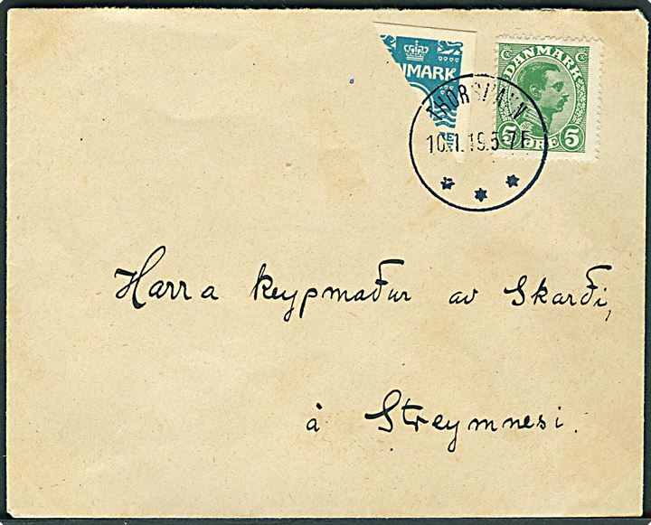 Halveret 4 øre Korsbånd afklip og 5 øre Chr. X på brev annulleret med brotype IIIb Thorshavn d. 10.1.1919 til Streymnes. Smukt brev. Attest Møller.