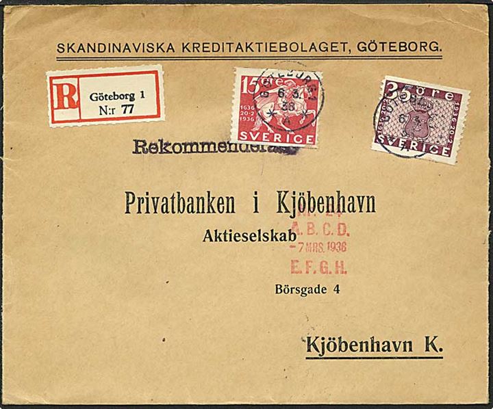 50 øre porto på Rec. brev fra Göteborg, Sverige, d. 6.3.1938 til København.