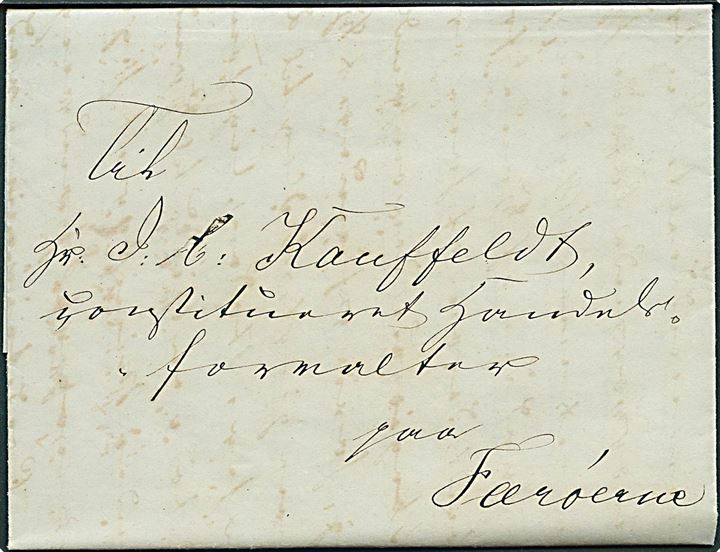 1852. Ufrankeret brev fra Den adm. Direktion for den  kgl. Grønlandske og Færøske Handel i Kjøbenhavn d. 4. 12.1852 til Handelsforvalter Kauffeldt paa Færøerne. Langt indhold.