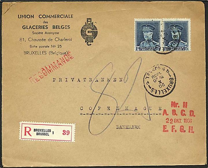 3,50 frank porto på Rec. brev fra Bruxelles, Belgien, d. 20.10.1936 til København.