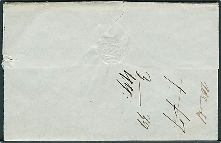 1847. Portobrev med håndskrevet bynavn Odense d. 28.10.1847 til Mandal, Norge. Porto påtegninger på bagsiden. Fuldt indhold.