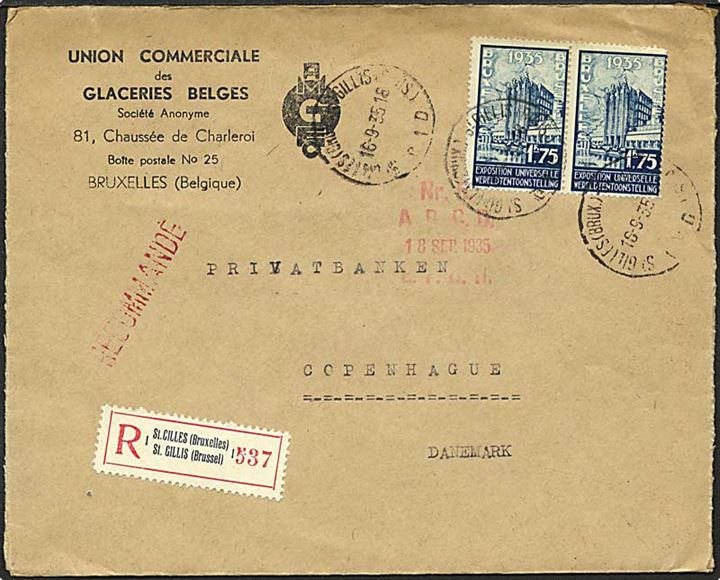 3,50 frank porto på Rec. brev fra St. Cilles, Belgien, d. 16.9.1935 til København.
