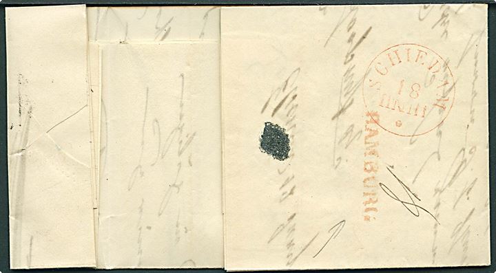 1841. Francobrev med antiqua Helsingöer d. 12.6.1841 via Hamburg til Schiedam, Holland. Påskrevet: Fr Hbg. På bagsiden ank.stempel fra Scheidam d. 18.6.1841.