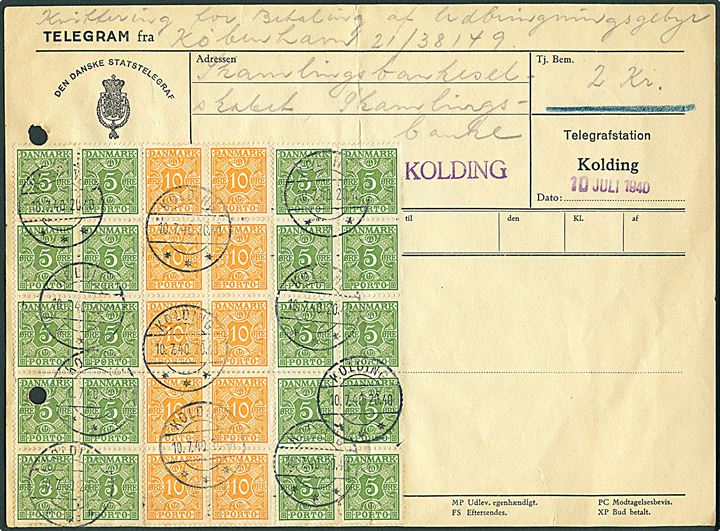 5 øre (2x10-blokke) og10 øre (10-blok) Portomærke stemplet Kolding d. 10.7.1940 på Telegram formular fra Telegrafstationen i Kolding anvendt som kvittering for 2 kr. udbringsningesgebyr til Skamlingsbanken. To arkivhuller.