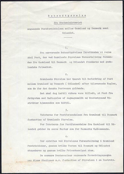 Grønlandske Postvæsens “dåbsattest”: Bekendtgørelse fra Statsministeriet angaaende Postforbindelsen mellem Grønland og Danmark samt Udlandet. Dateret 17.9.1938 og underskrevet Th. Stauning. 