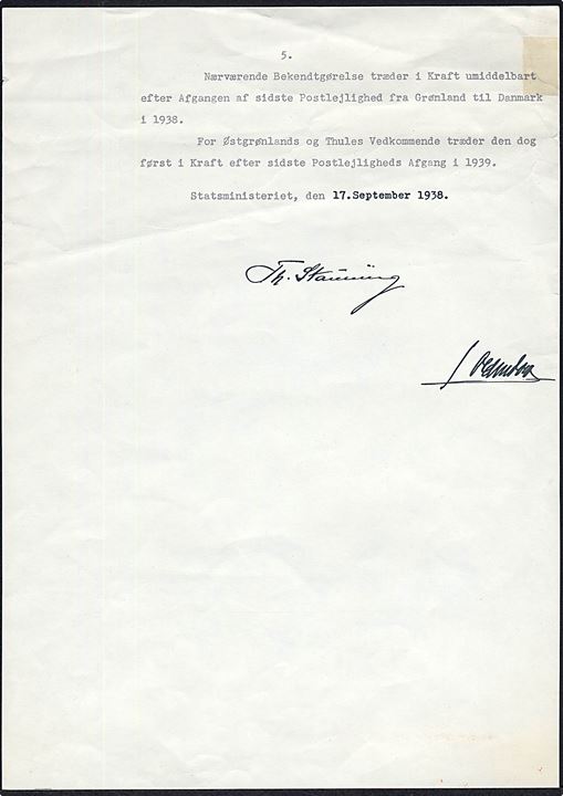 Grønlandske Postvæsens “dåbsattest”: Bekendtgørelse fra Statsministeriet angaaende Postforbindelsen mellem Grønland og Danmark samt Udlandet. Dateret 17.9.1938 og underskrevet Th. Stauning. 