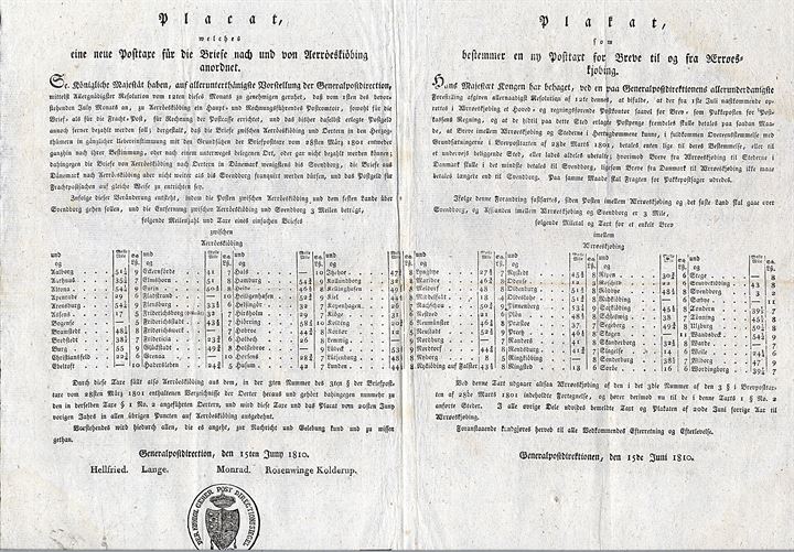 Plakat som bestemmer en ny Posttaxt for Breve til og fra Ærøeskjøbing. 2-sproget. Dateret Generalpostdirectionen d. 15.6.1810. 36x44 cm. Foldet.