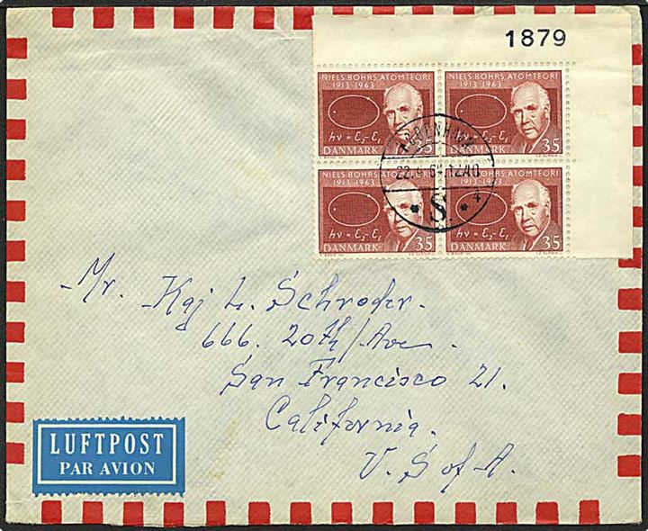 35 øre rød Niels Bohr på luftpost brev fra København d. 22.4.1964 til San Francisco, USA.