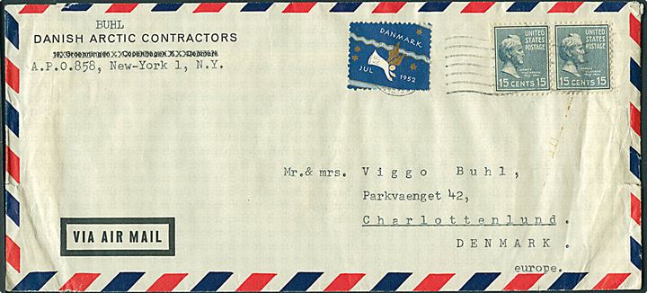 Amerikansk 15 c. Buchanan (2) og Julemærke 1952 på luftpostbrev annulleret med svagt feltpost stempel U. S. Army Postal Service 1952 til Charlottenlund. Sendt fra Danish Arctic Contractors ved APO 858 = Narsarssuaq Air Base på Grønland.