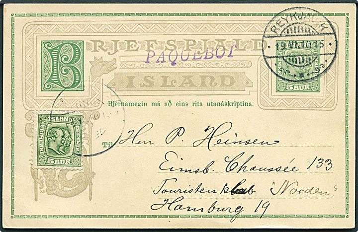 5 aur To Konger helsagsbrevkort opfrankeret med 5 aur To Konger fra Reykjavik d. 19.6.1910 med violet skibs-stempel Paquebot fra Edinburgh til Hamburg, Tyskland.