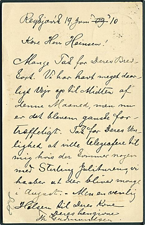 5 aur To Konger helsagsbrevkort opfrankeret med 5 aur To Konger fra Reykjavik d. 19.6.1910 med violet skibs-stempel Paquebot fra Edinburgh til Hamburg, Tyskland.