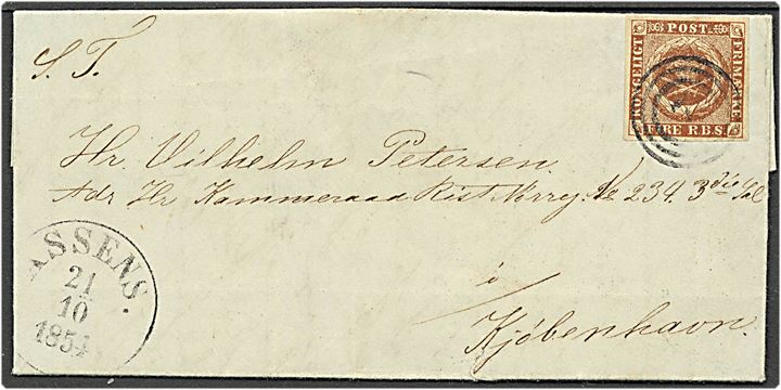 4 R.B.S. Thiele III, pl. III kastaniebrun, på brev fra Assens d. 21.10.1854 til Kjøbenhavn, annulleret med nr. stempel “7”. Perfekt bredrandet mærker på flot brev. 