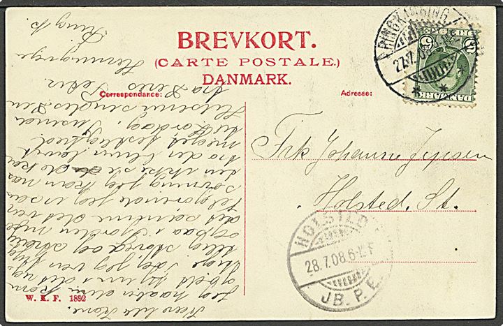5 øre Fr. VIII på brevkort (Lyngvig Fyr) fra Ringkjøbing d. 27.7.1908 til Holsted St. Sjældent ank. stempel BRO Ia Holsted JB.P.E. d. 28.7.1906