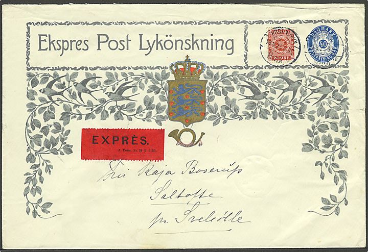 40 øre Ekspres Post Lykönsknings kuvert med blad-ornament opfrankeret med 20 øre Frimærkejubilæum fra København d. 14.8.1926 til Saltofte pr. Svebølle.