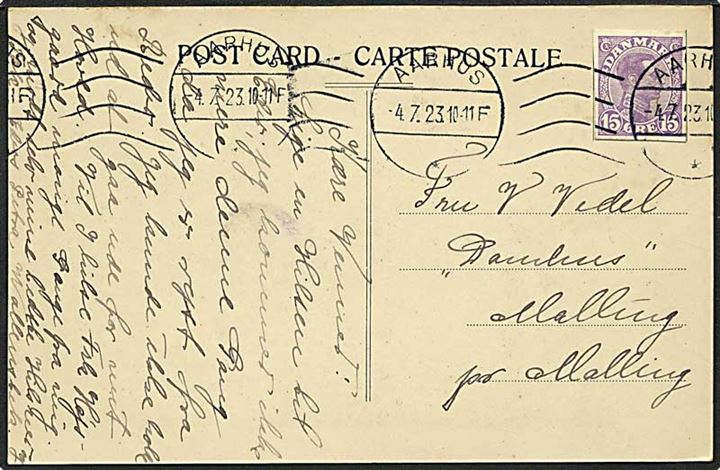 15 øre violet Chr. X helsagsklip på postkort fra Aarhus d. 4.7.1923 til Malling.