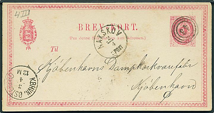 4 øre helsagsbrevkort annulleret med nr.stempel 43 og sidestemplet lapidar Nakskov d. 2.4.1878 til Kjøbenhavn.