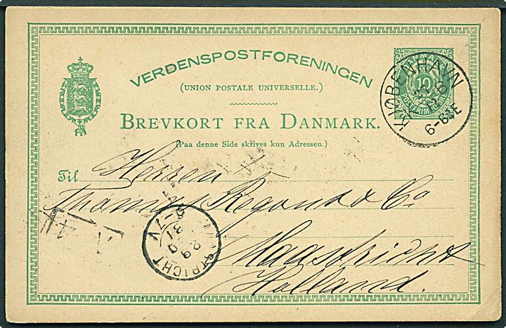10 øre helsagsbrevkort fra Kjøbenhavn d. 27.12.1881 til Maastricht, Holland.