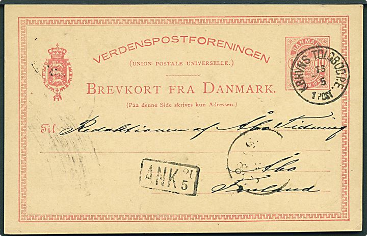 10 øre Våben små hj.tal helsagsbrevkort annulleret med lapidar Kbhvns Toldbod P.E. d. 15.5.1886 til Åbo, Finland.