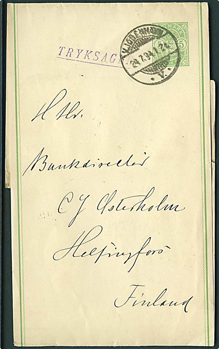 5 øre Våben helsagskorsbånd sendt som tryksag fra Kjøbenhavn d. 24.7.1894 til Helsingfors, Finland.