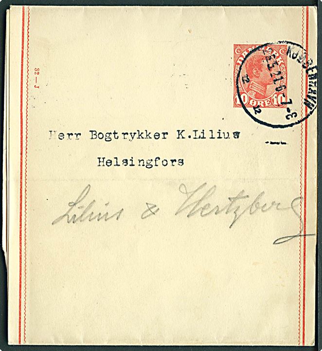 10 øre Chr. X helsagskorsbånd (fabr. 32-J) fra Kjøbenhavn d. 28.5.1921 til Helsingfors, Finland.
