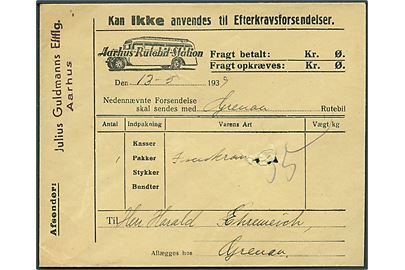 Aarhus Rutebil Station fortrykt fragtbrev kuvert anvendt fra Aarhus d. 13.5.1939 til Grenaa. Arkivhul.