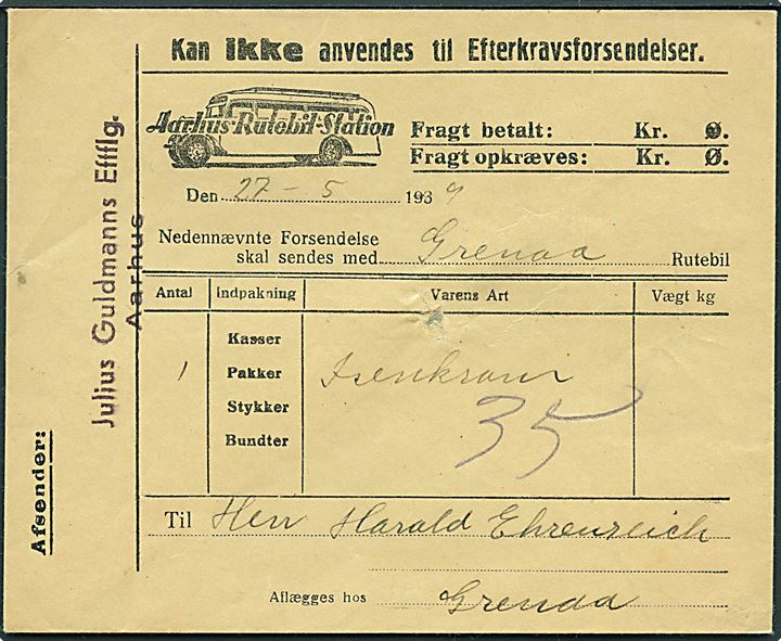 Aarhus Rutebil Station fortrykt fragtbrev kuvert anvendt fra Aarhus d. 27.5.1939 til Grenaa. Arkivhul.
