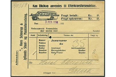 Aarhus Rutebil Station fortrykt fragtbrev kuvert anvendt fra Aarhus d. 3.2.1939 til Grenaa. Arkivhul.