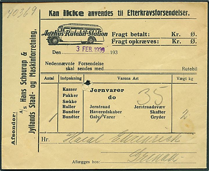 Aarhus Rutebil Station fortrykt fragtbrev kuvert anvendt fra Aarhus d. 3.2.1939 til Grenaa. Arkivhul.