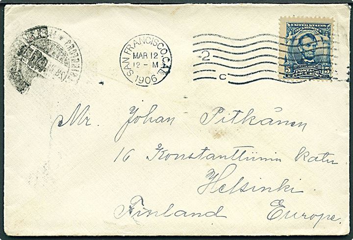 5 cents Lincoln på brev fra San Francisco d. 12.3.1906 til Helsingfors, Finland.