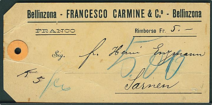 50 c. Stående Helvetia på manilamærke fra forsendelse med postopkrævning stemplet Bellinzona d. 18.9.1907 til Sarnen. 