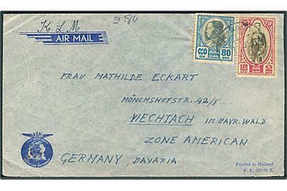 2 baht og 80 stc på luftpostbrev fra Bangkok i 1940'erne til Viechtach, Tyskland. Påskrevet K.L.M..