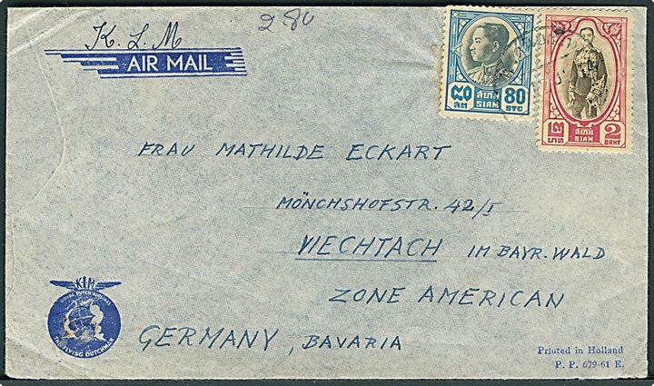 2 baht og 80 stc på luftpostbrev fra Bangkok i 1940'erne til Viechtach, Tyskland. Påskrevet K.L.M..