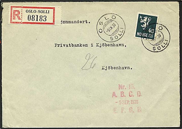 40 øre løve på singelfrankatur Rec. brev fra Oslo, Norge, d. 8.9.1938 til København.