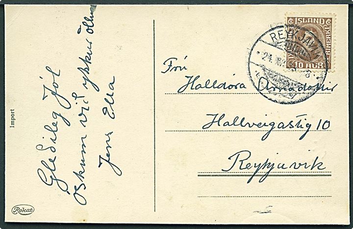 10 aur Chr. X på lokalt brevkort i Reykjavik d. 24.12.1933.