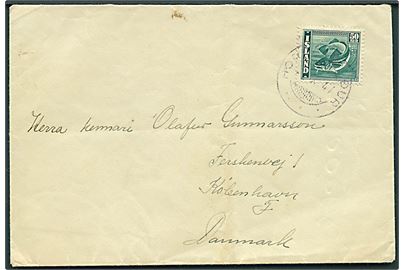 50 aur Torsk på brev annulleret med svagt stempel Hormafjördur d. x.10.1947 til København, Danmark.
