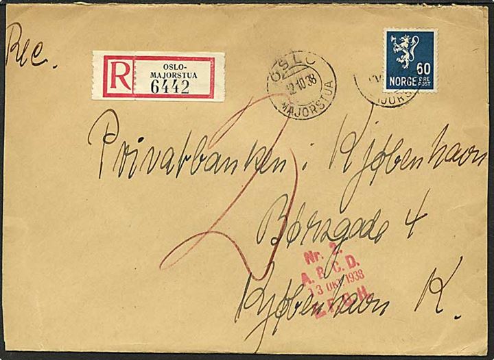 60 øre mørkeblå løve singelfrankatur på Rec. brev fra Oslo, Norge, d. 12.10.1938 til København.
