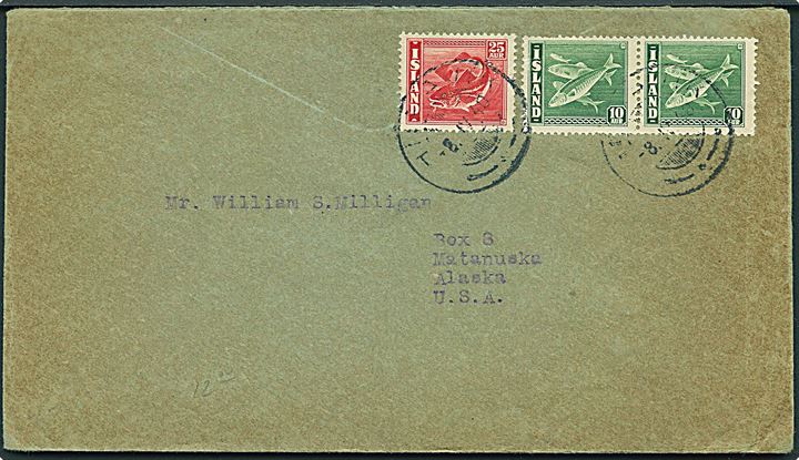10 aur Sild i parstykke og 25 aur Torsk på brev fra Husavik d. 8.4.1940 til Matanuska, Alaska, USA. Uden censur.