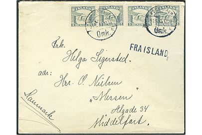 5 aur Gullfoss i to parstykker på skibsbrev fra Reykjavik stemplet København d. 31.5.1935 og sidestemplet Fra Island til Middelfart, Danmark.