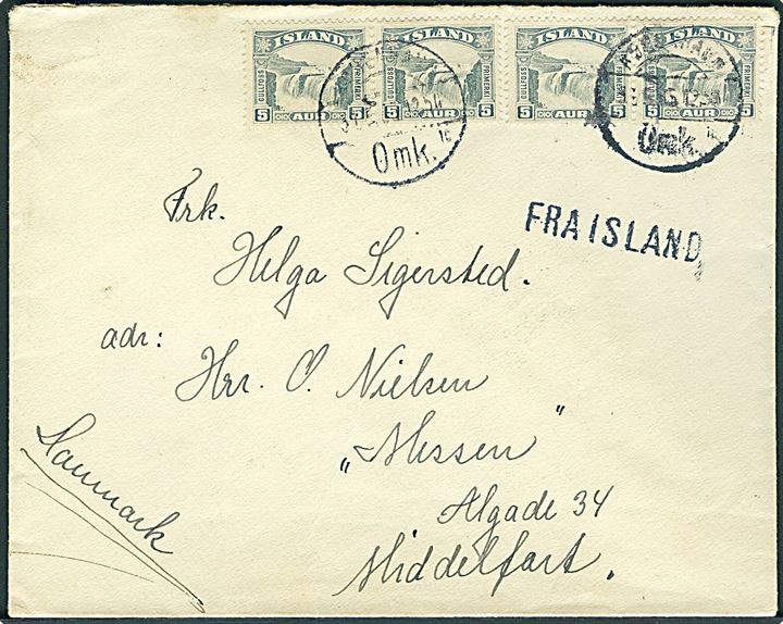 5 aur Gullfoss i to parstykker på skibsbrev fra Reykjavik stemplet København d. 31.5.1935 og sidestemplet Fra Island til Middelfart, Danmark.
