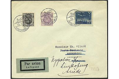 15 øre porto på luftpost brev fra Stockholm, Sverige, d. 15.5.1931 til Bruxelles, Belgien. Brevet er returneret.