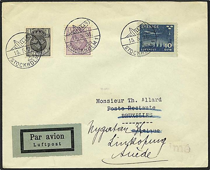 15 øre porto på luftpost brev fra Stockholm, Sverige, d. 15.5.1931 til Bruxelles, Belgien. Brevet er returneret.