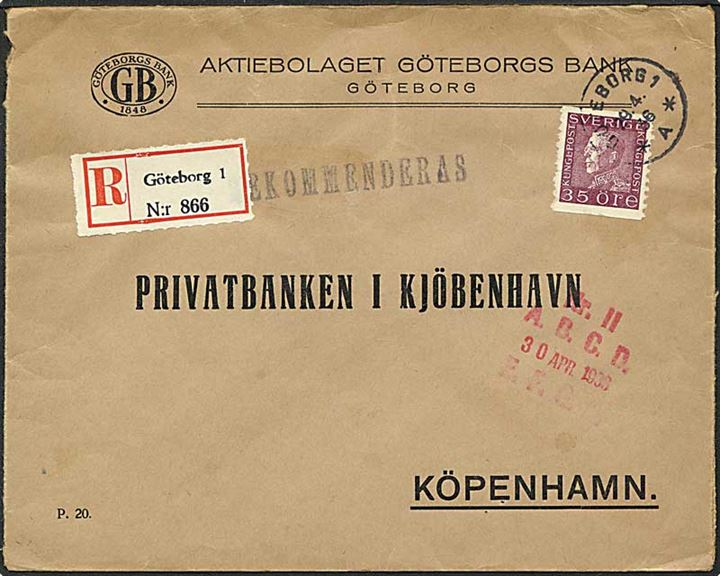 35 øre violet Gustav singelfrankatur på brev fra Göteborg, Sverige, d. 29.4.1936 til København.